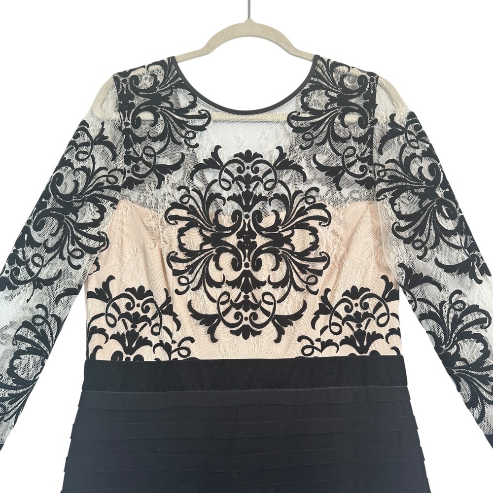 Betsy & Adam Dress Lace Damask Tiered Bandage Long Sleeve Black Nude 14 Cocktail - Picture 2 of 11